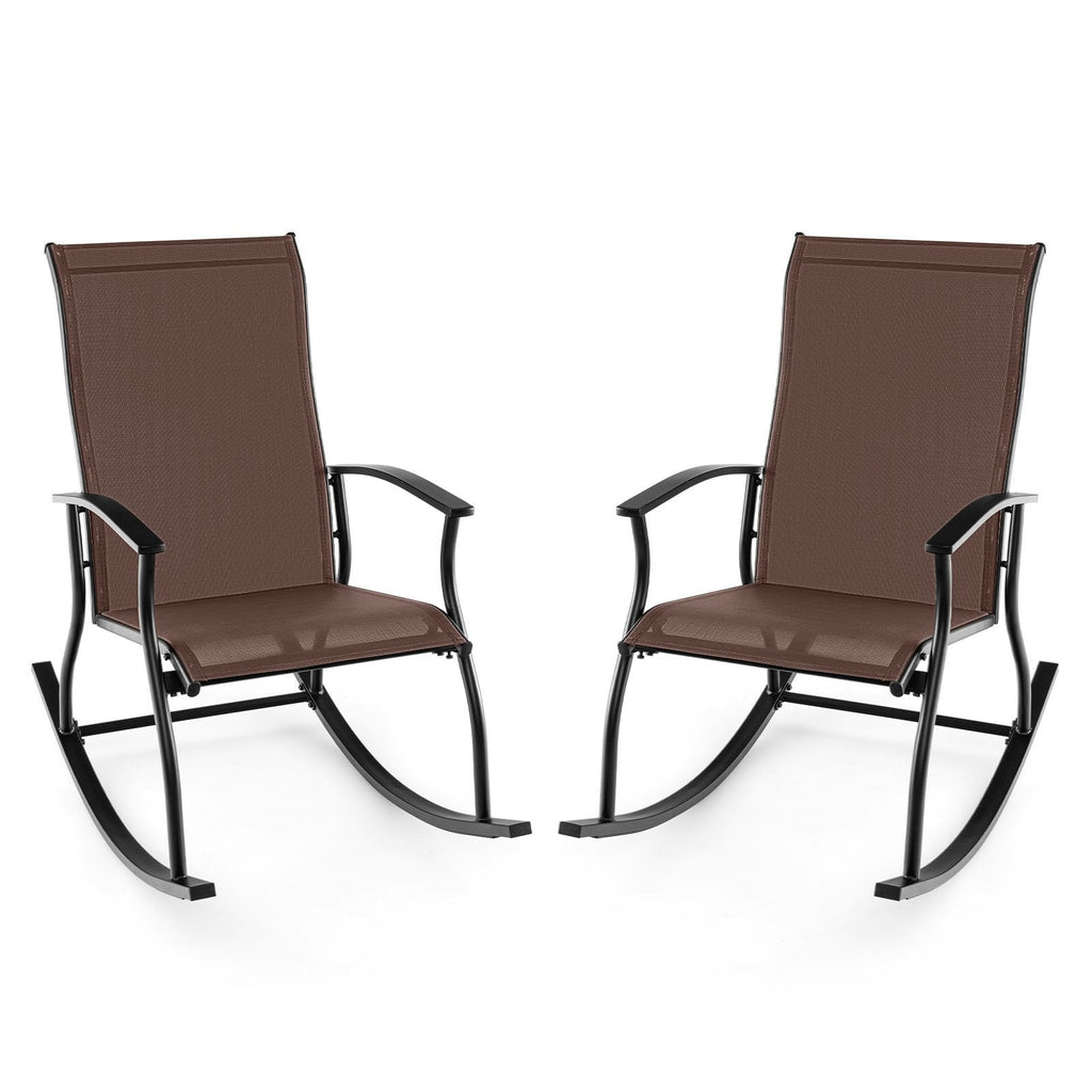 2 Pieces Outdoor Rocking Chairs with Breathable Backrest-Brown