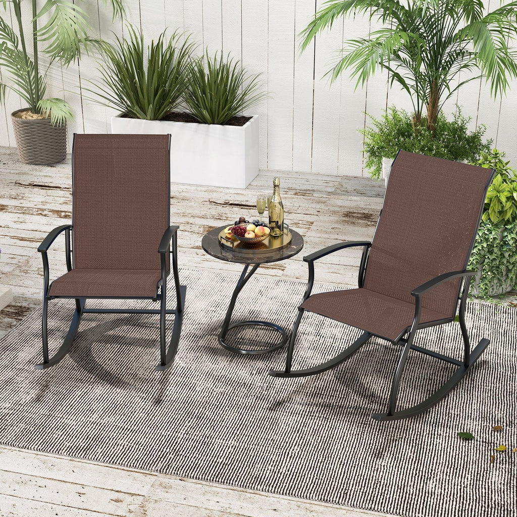 2 Pieces Outdoor Rocking Chairs with Breathable Backrest-Brown