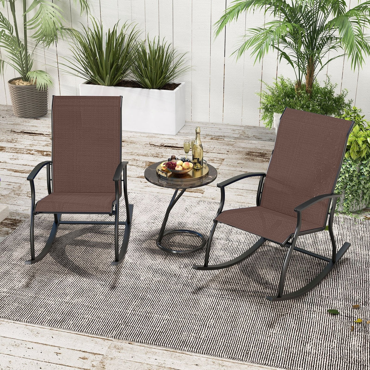 2 Pieces Outdoor Rocking Chairs with Breathable Backrest-Brown