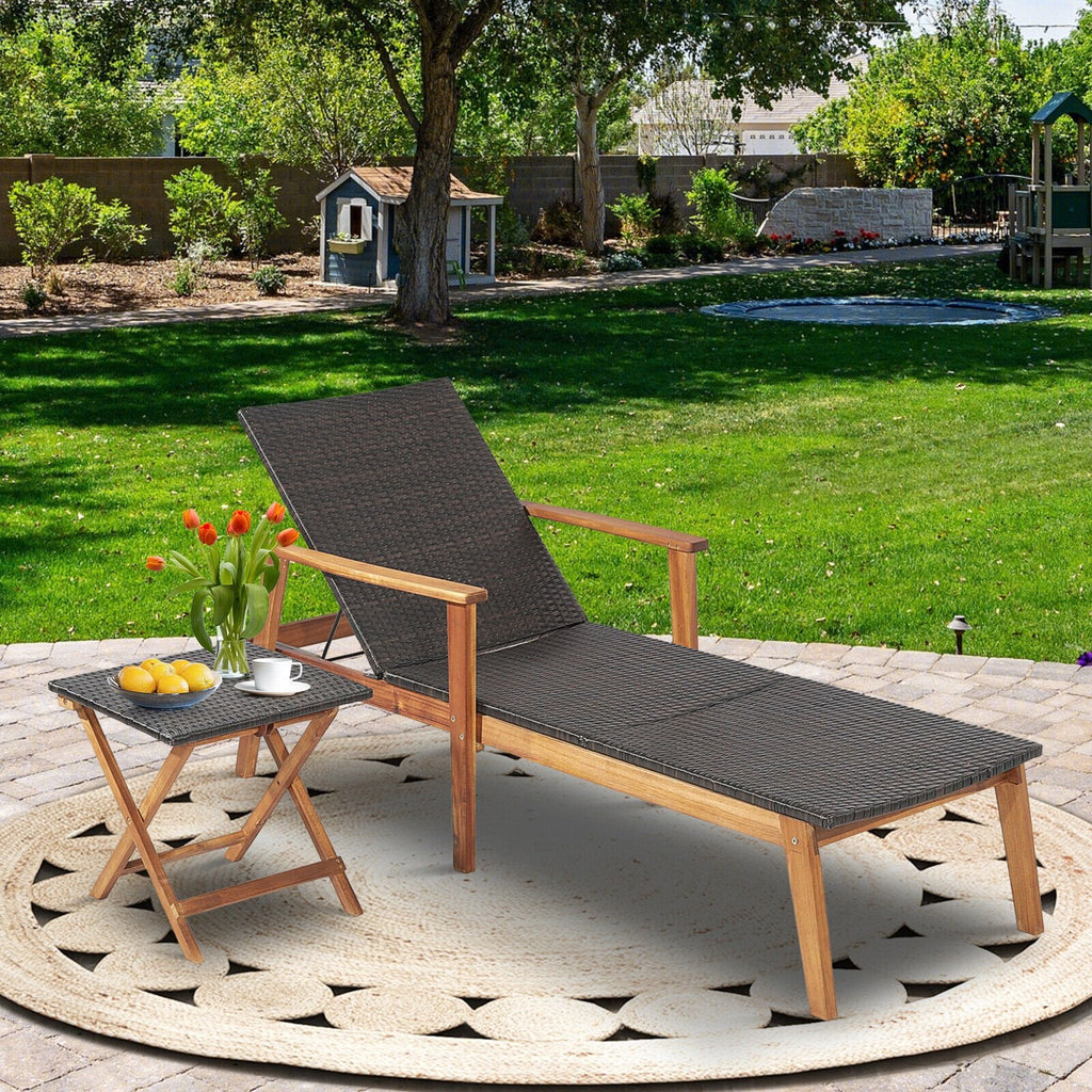 Acacia and Wicker Chaise Lounge with Folding Side Table, 800 lb Capacity