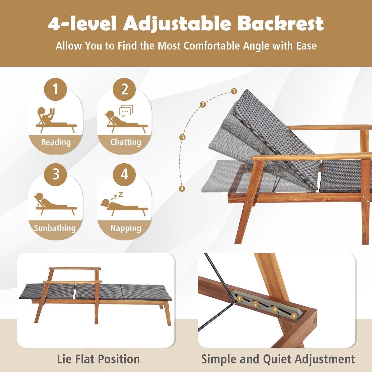 Acacia and Wicker Chaise Lounge with Folding Side Table, 800 lb Capacity