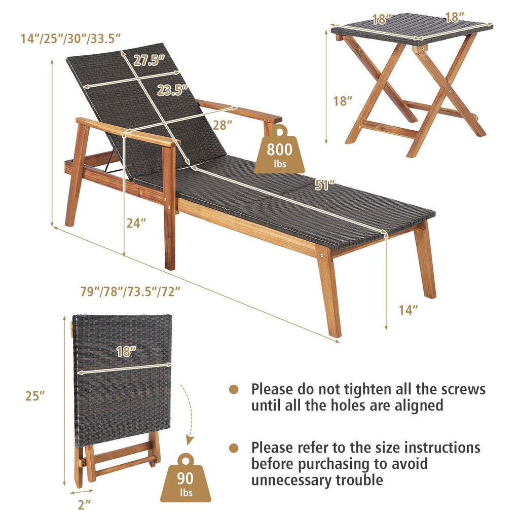 Acacia and Wicker Chaise Lounge with Folding Side Table, 800 lb Capacity