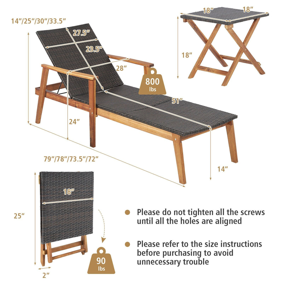Acacia and Wicker Chaise Lounge with Folding Side Table, 800 lb Capacity