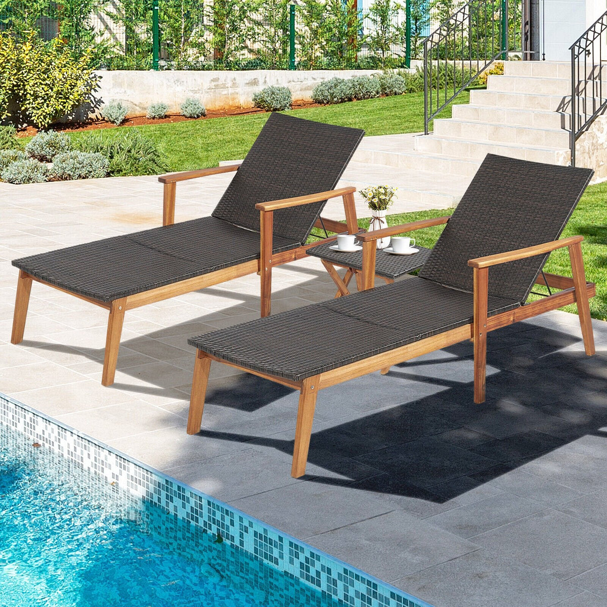 Acacia and Wicker Chaise Lounge with Folding Side Table, 800 lb Capacity