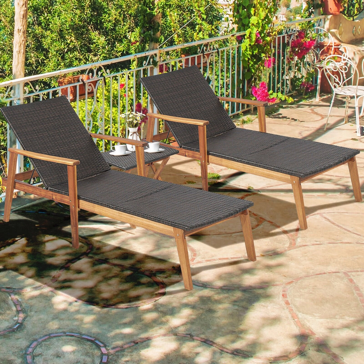 Acacia and Wicker Chaise Lounge with Folding Side Table, 800 lb Capacity
