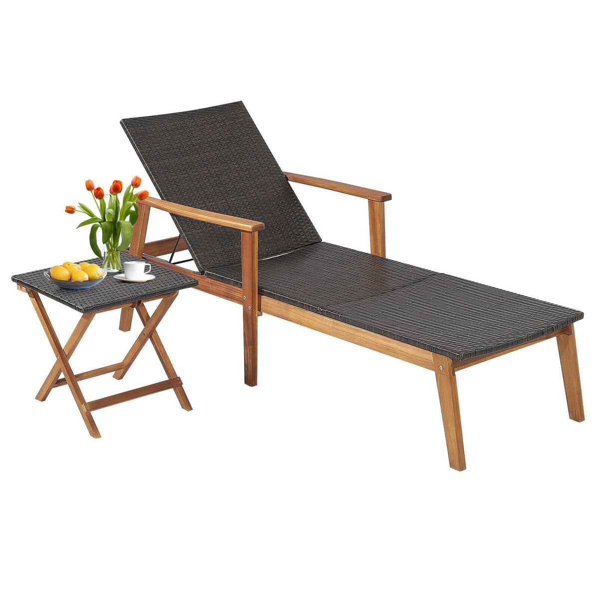 Acacia and Wicker Chaise Lounge with Folding Side Table, 800 lb Capacity