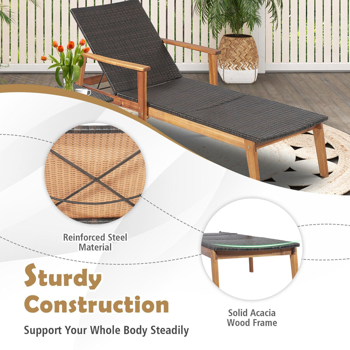 Acacia and Wicker Chaise Lounge with Folding Side Table, 800 lb Capacity