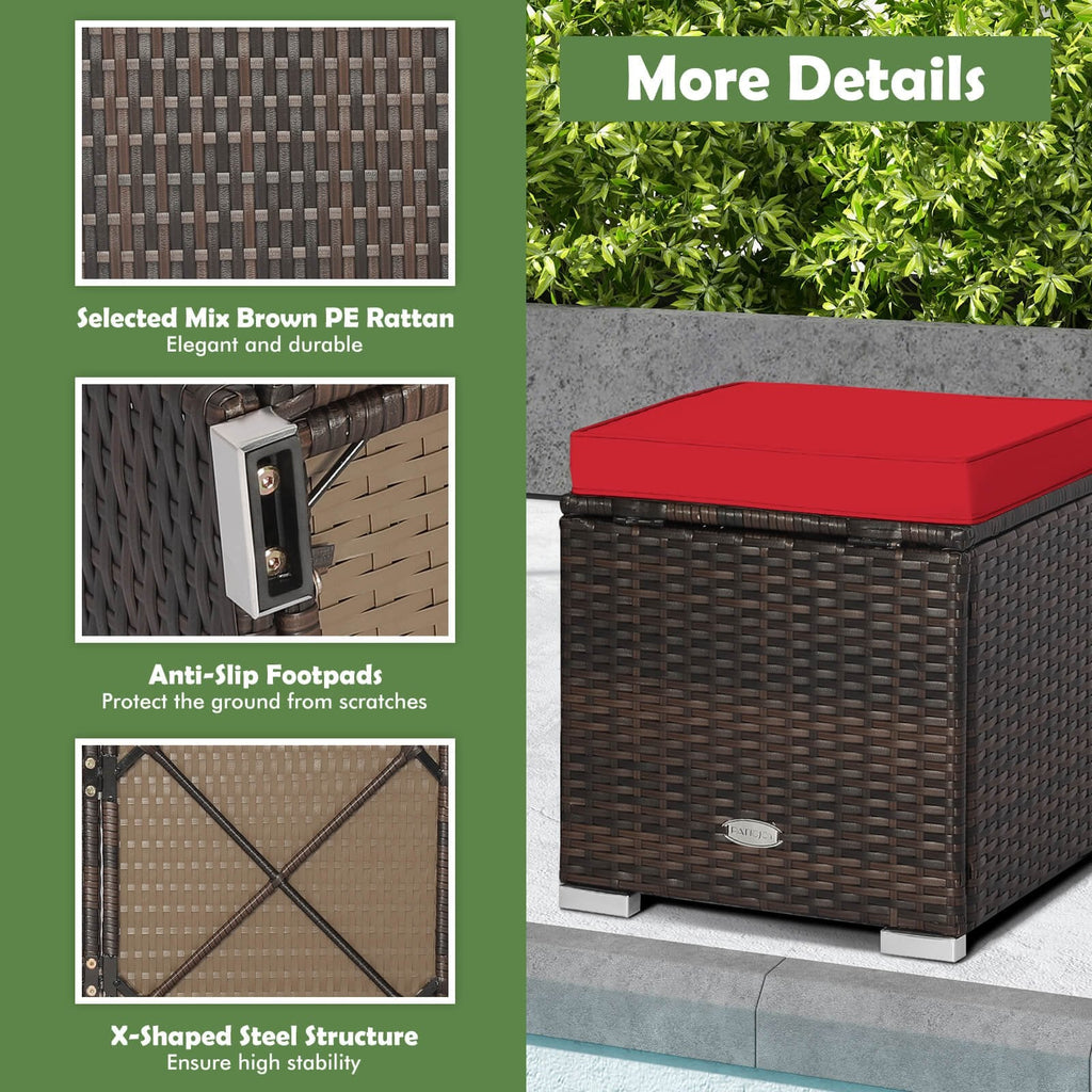 2 Pieces Patio Ottoman with Removable Cushions-Red