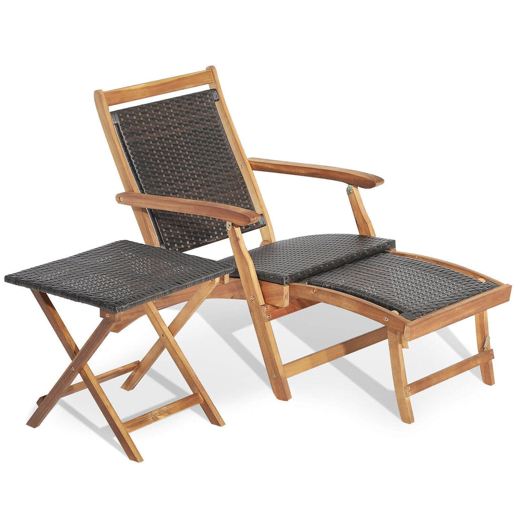Folding Acacia Deck Chair with Retractable Ottoman and Matching Side Table