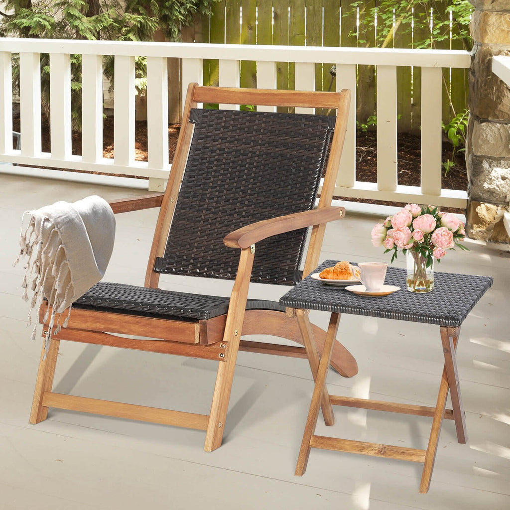 Folding Acacia Deck Chair with Retractable Ottoman and Matching Side Table