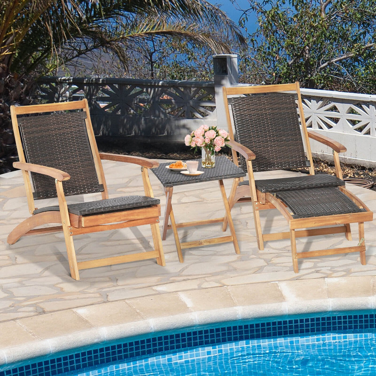 Folding Acacia Deck Chair with Retractable Ottoman and Matching Side Table