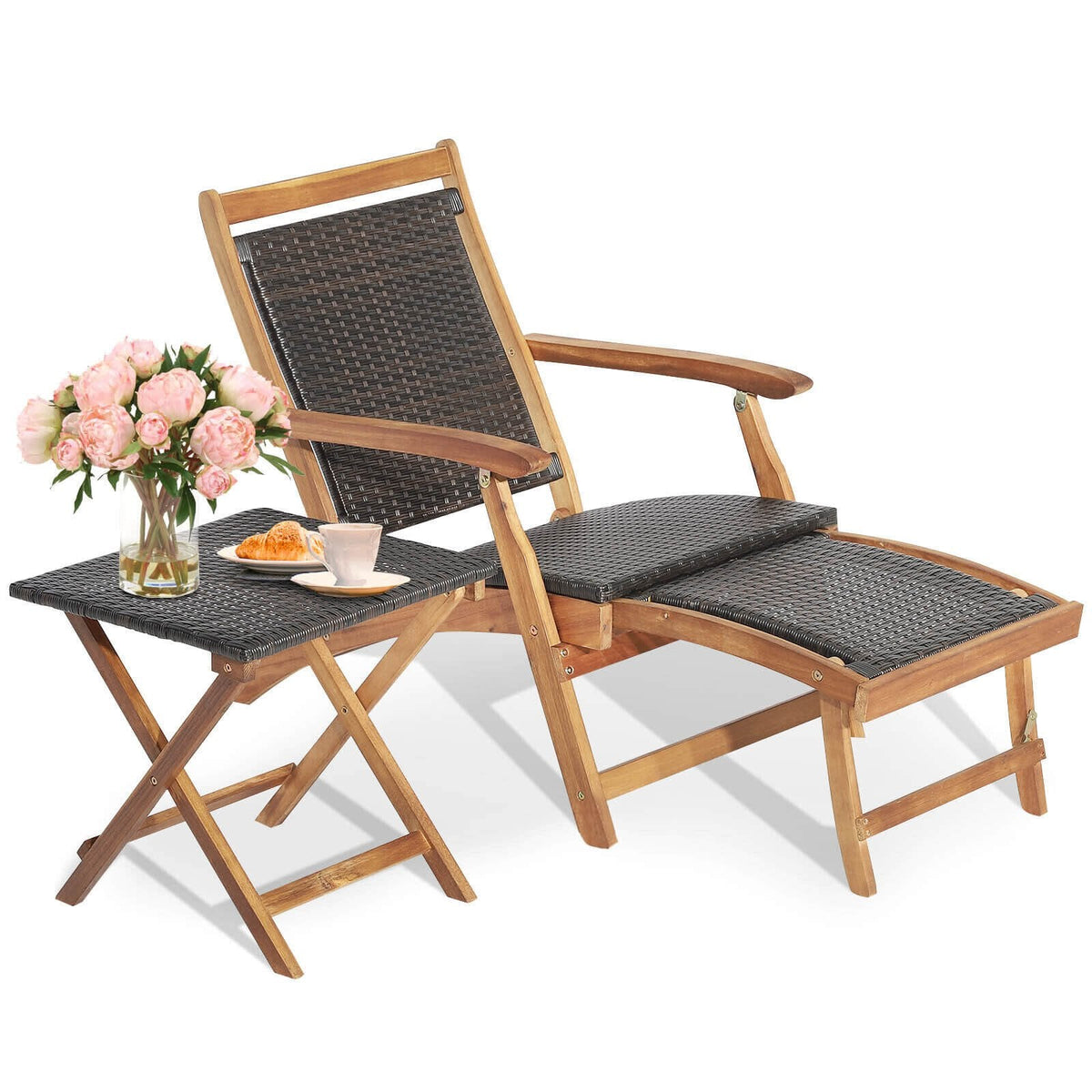 Folding Acacia Deck Chair with Retractable Ottoman and Matching Side Table
