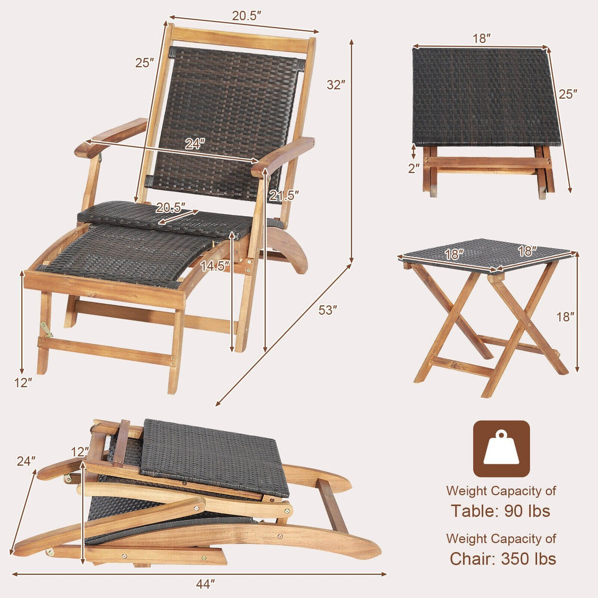 Folding Acacia Deck Chair with Retractable Ottoman and Matching Side Table