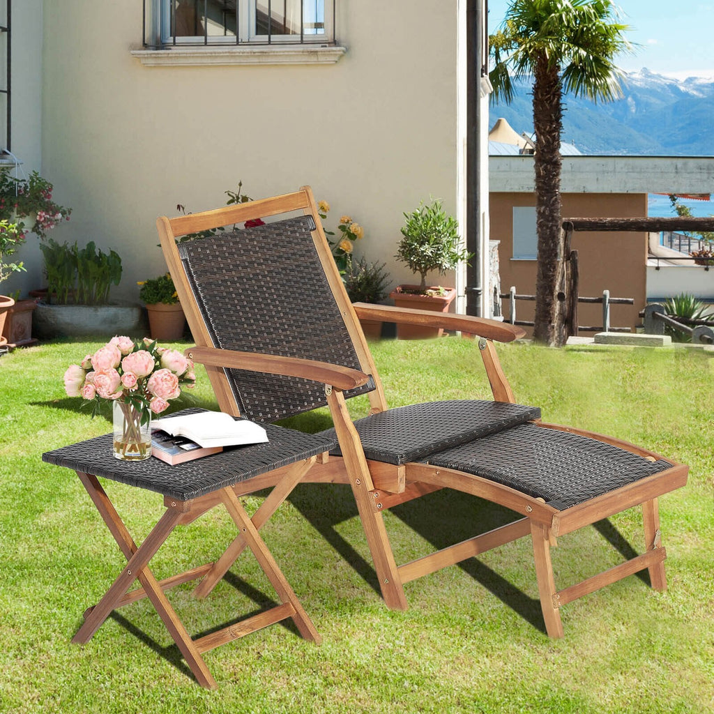 Folding Acacia Deck Chair with Retractable Ottoman and Matching Side Table