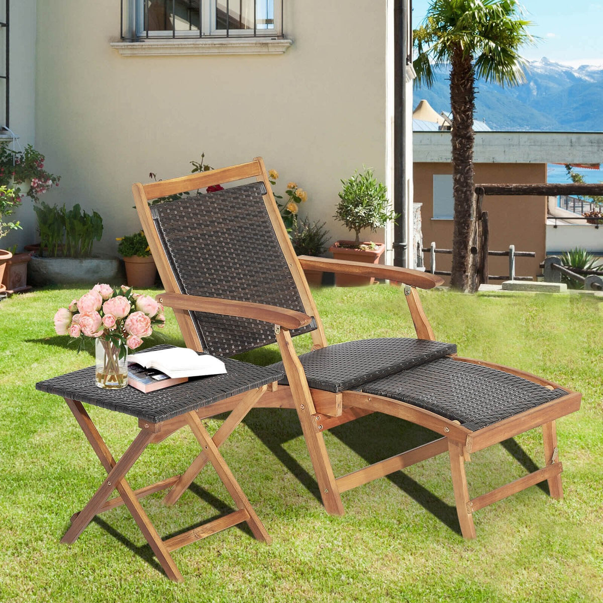 Folding Acacia Deck Chair with Retractable Ottoman and Matching Side Table