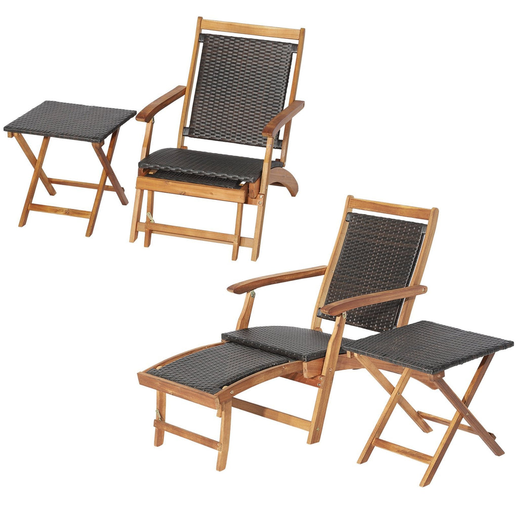 Folding Acacia Deck Chair with Retractable Ottoman and Matching Side Table