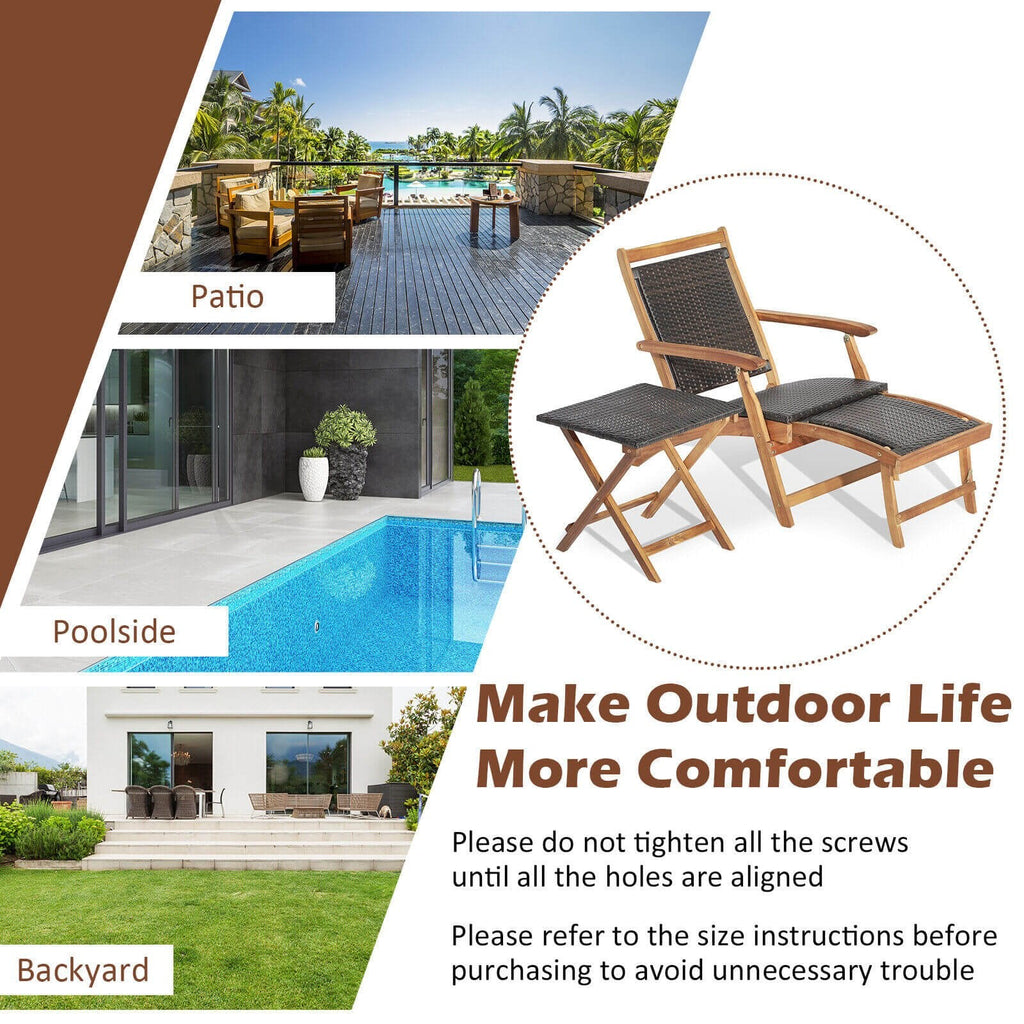 Folding Acacia Deck Chair with Retractable Ottoman and Matching Side Table