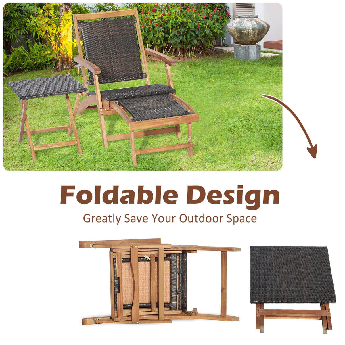 Folding Acacia Deck Chair with Retractable Ottoman and Matching Side Table