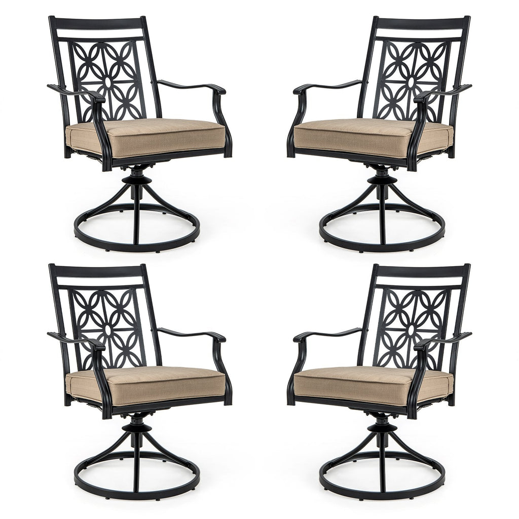 2 Pieces Patio Swivel Dining Chairs with Blossom Pattern Backrest and Cushions-Black