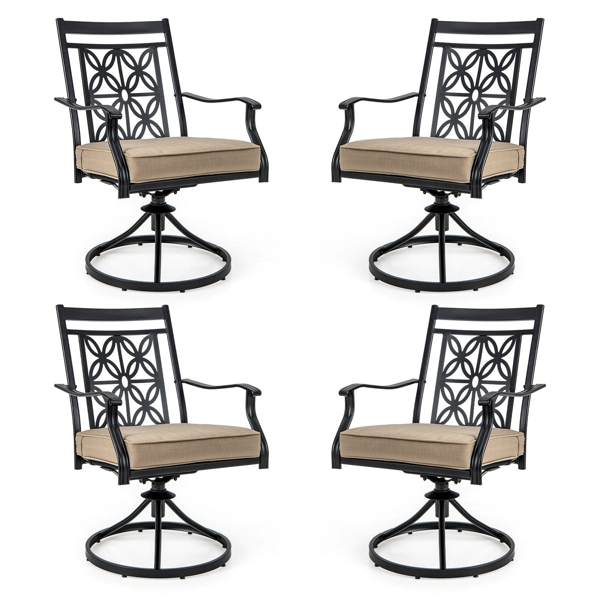 2 Pieces Patio Swivel Dining Chairs with Blossom Pattern Backrest and Cushions-Black