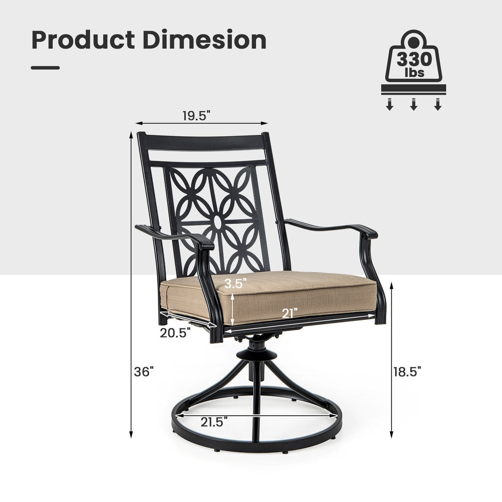 2 Pieces Patio Swivel Dining Chairs with Blossom Pattern Backrest and Cushions-Black