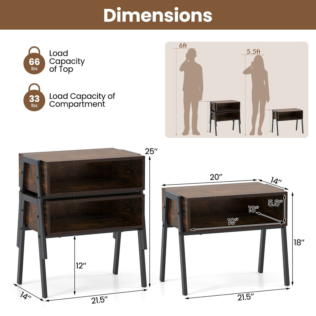 2 Piece Stackable Night Stand and Bedside End Table Set