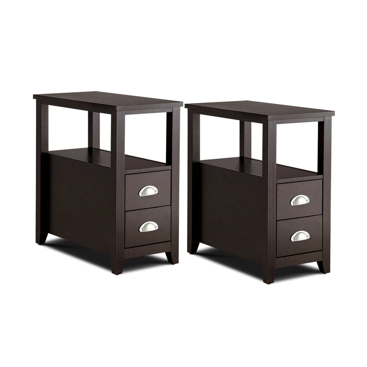 2 Piece Bedside Nightstand Set with 2 Drawers and Shelf, Dark Brown