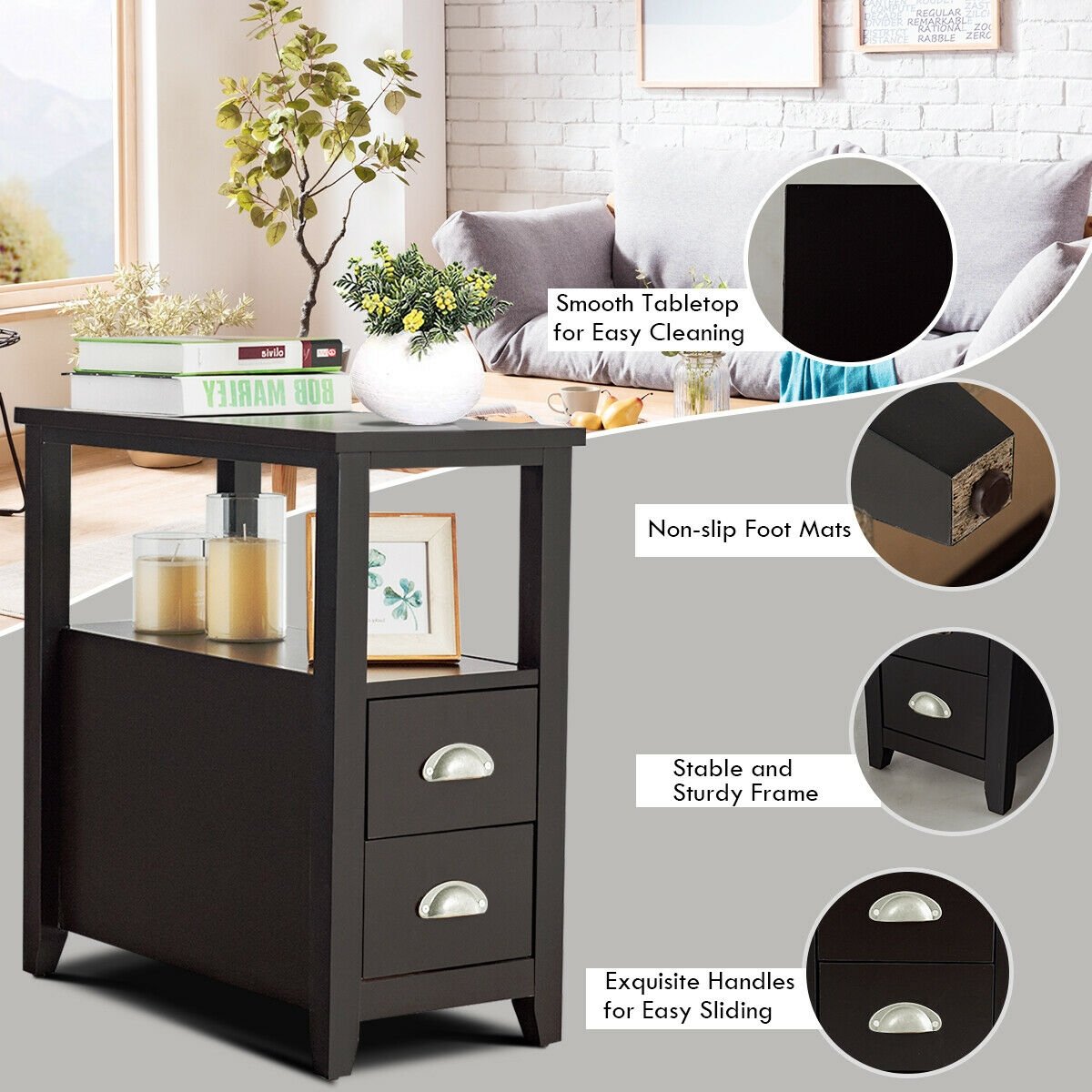 2 Piece Bedside Nightstand Set with 2 Drawers and Shelf, Dark Brown
