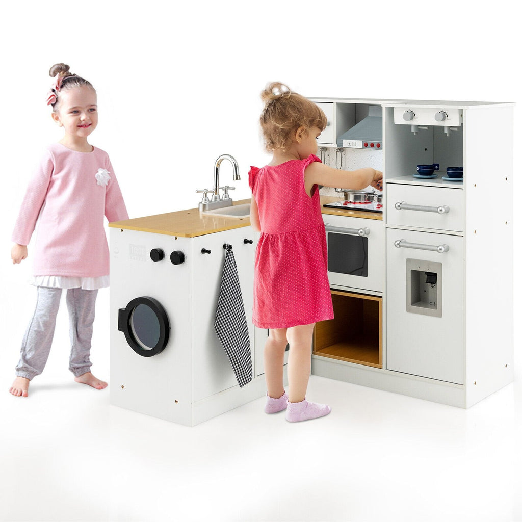 Two Piece Wooden Play Kitchen with Washer Unit, Stool and Steel Cookware