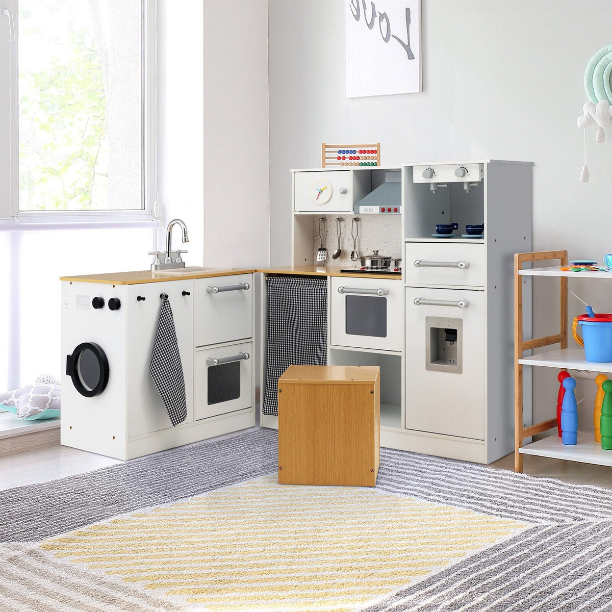 Two Piece Wooden Play Kitchen with Washer Unit, Stool and Steel Cookware