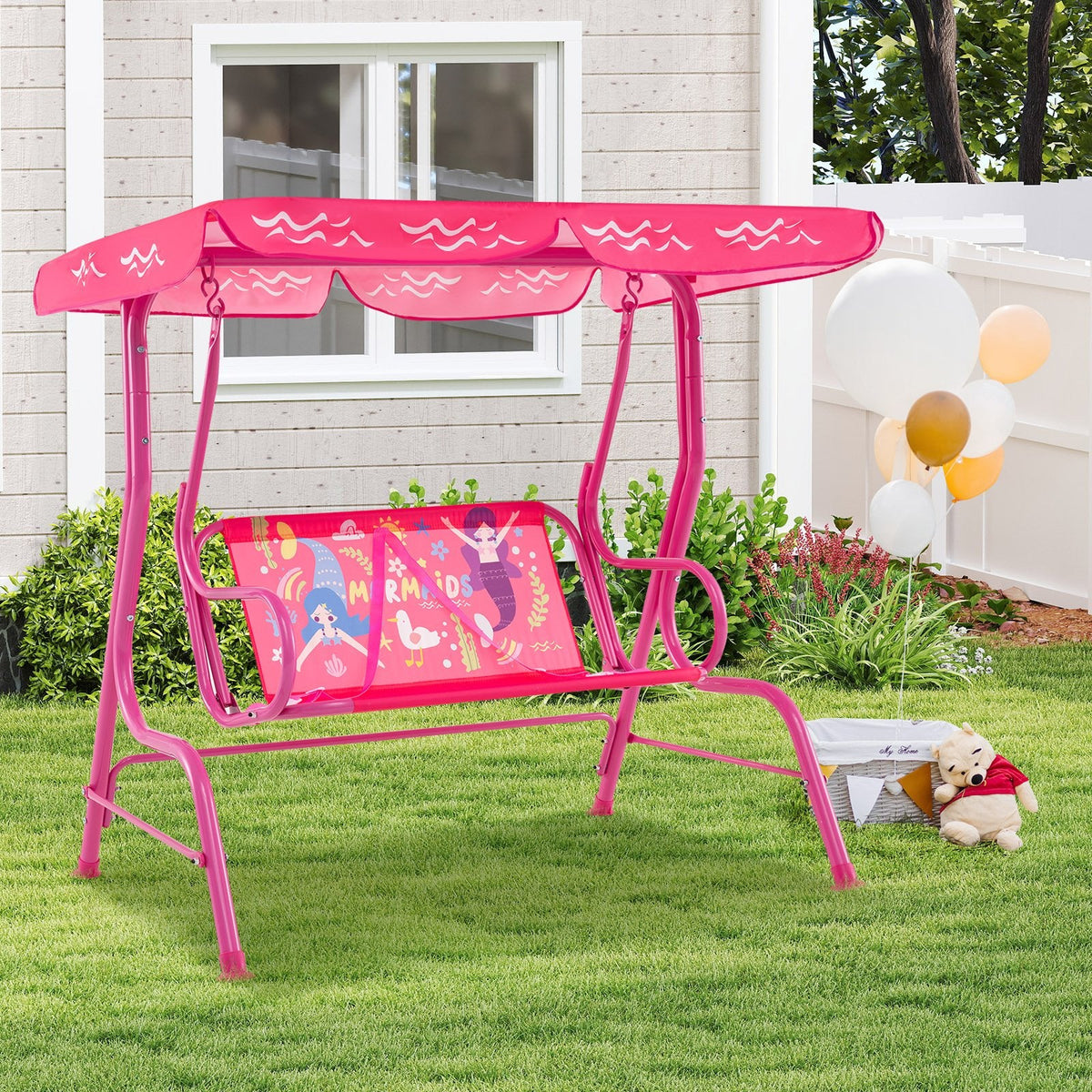 2-Seater Kids Patio Swing with Metal Stand and Adjustable Canopy-Pink