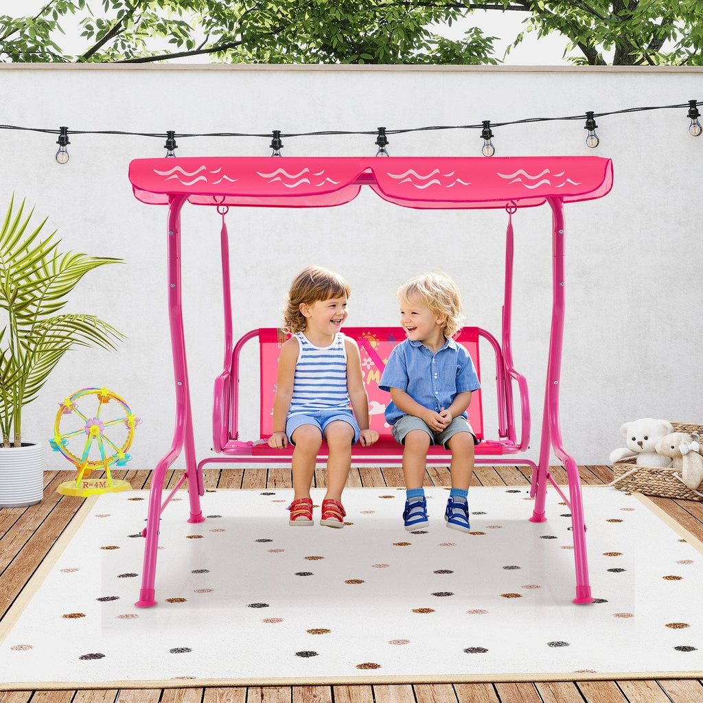 2-Seater Kids Patio Swing with Metal Stand and Adjustable Canopy-Pink