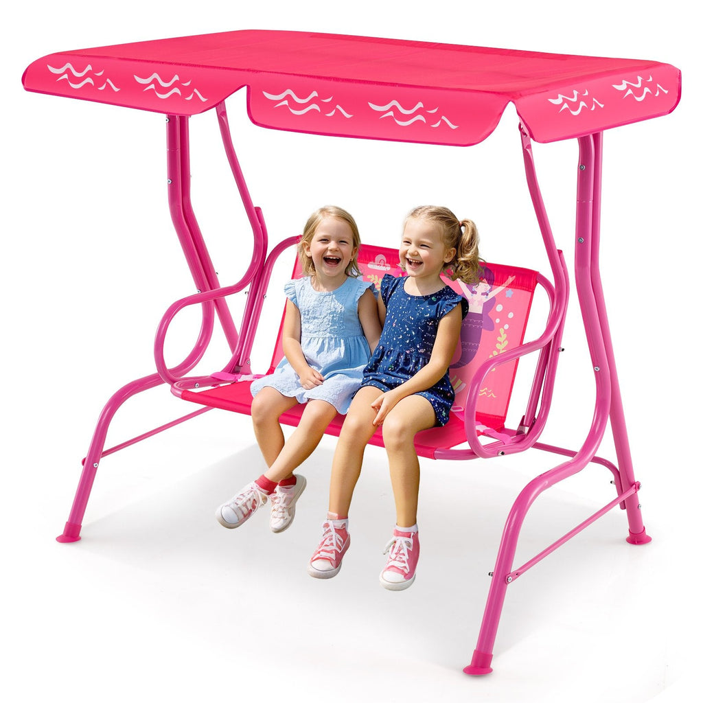 2-Seater Kids Patio Swing with Metal Stand and Adjustable Canopy-Pink