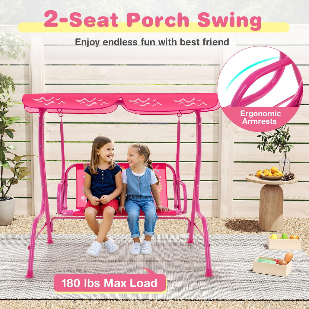 2-Seater Kids Patio Swing with Metal Stand and Adjustable Canopy-Pink