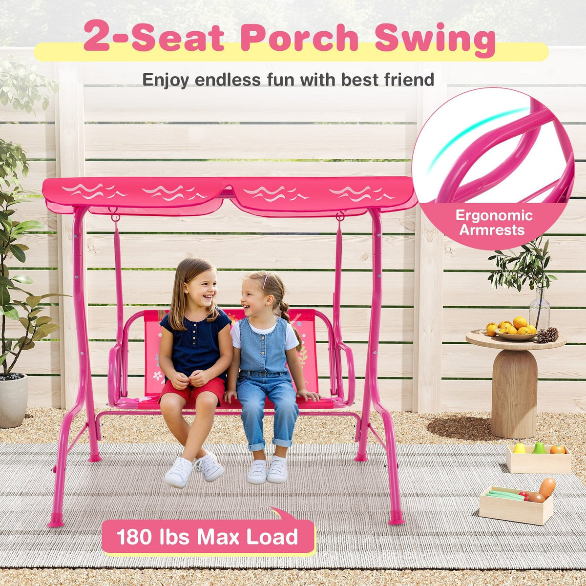 2-Seater Kids Patio Swing with Metal Stand and Adjustable Canopy-Pink
