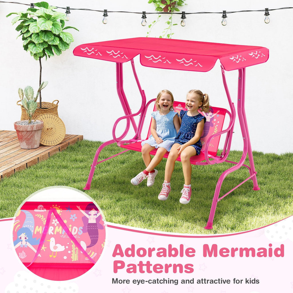 2-Seater Kids Patio Swing with Metal Stand and Adjustable Canopy-Pink