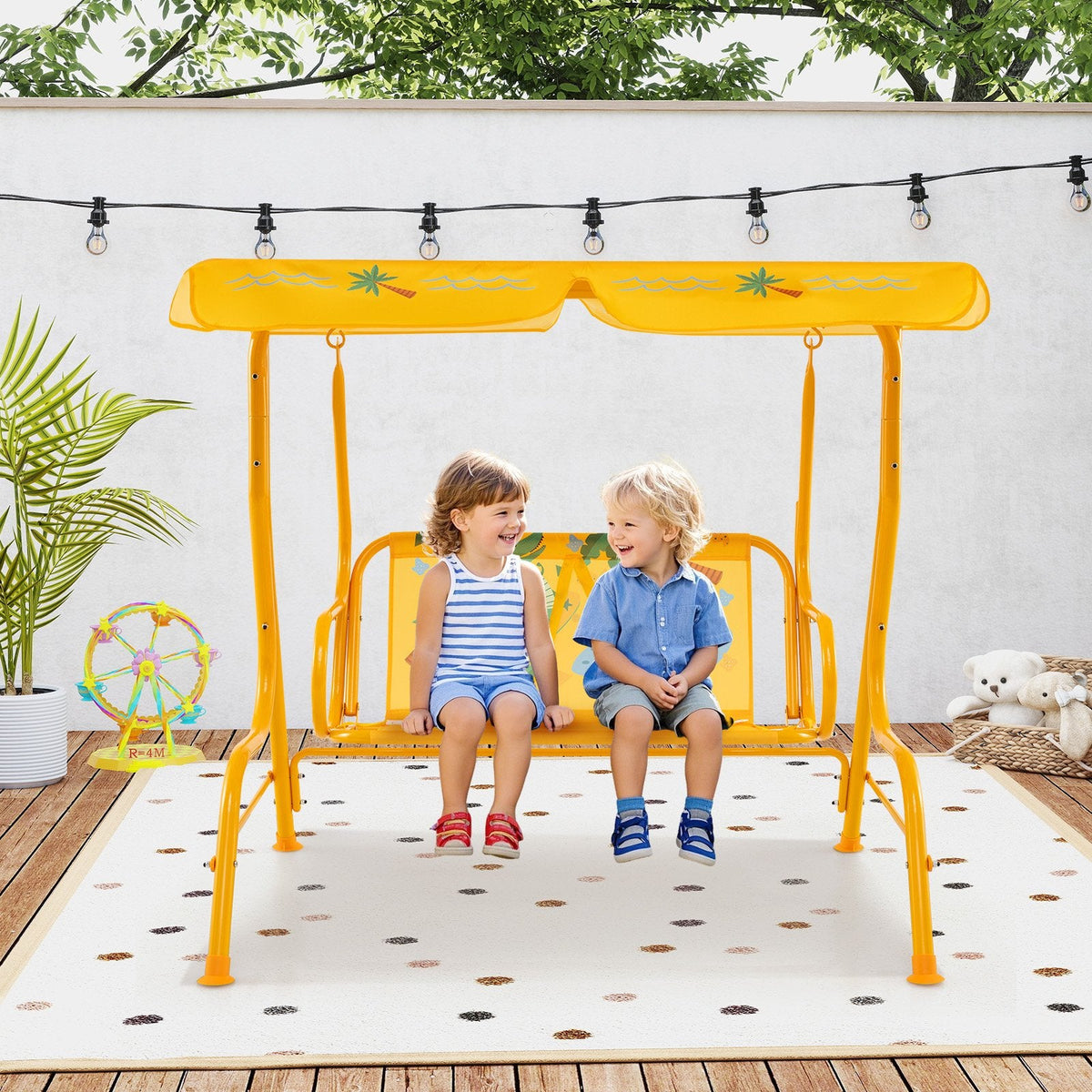 2-Seater Kids Patio Swing with Metal Stand and Adjustable Canopy-Yellow