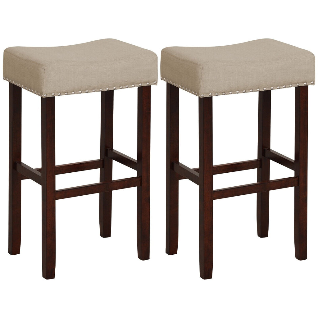 Set of 2 Backless Saddle Bar Stools in Beige Linen with Nailhead Trim, 29.5 Inch Seat Height