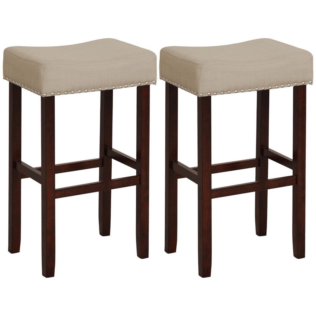 Set of 2 Backless Saddle Bar Stools in Beige Linen with Nailhead Trim, 29.5 Inch Seat Height