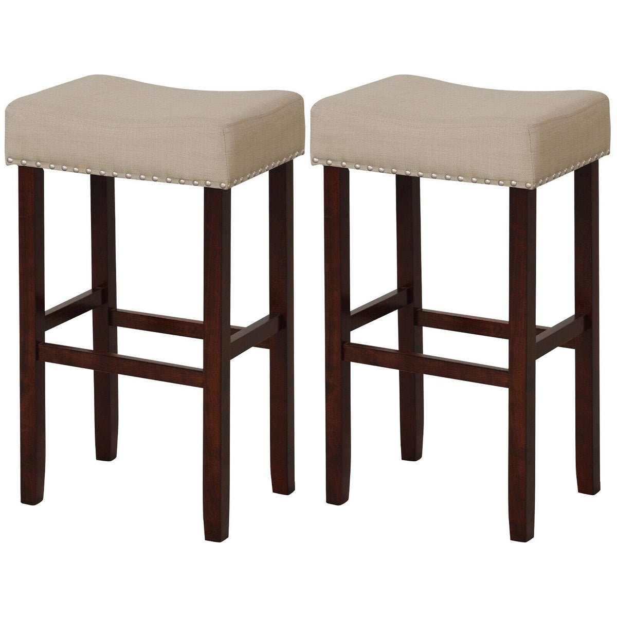 Set of 2 Backless Saddle Bar Stools in Beige Linen with Nailhead Trim, 29.5 Inch Seat Height