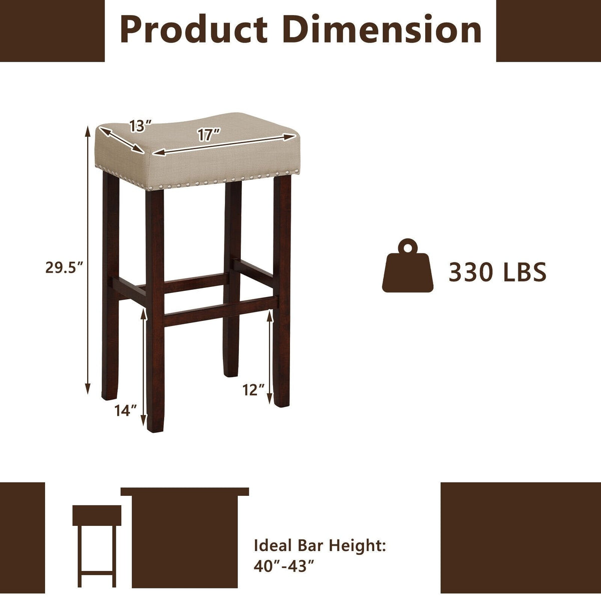 Set of 2 Backless Saddle Bar Stools in Beige Linen with Nailhead Trim, 29.5 Inch Seat Height