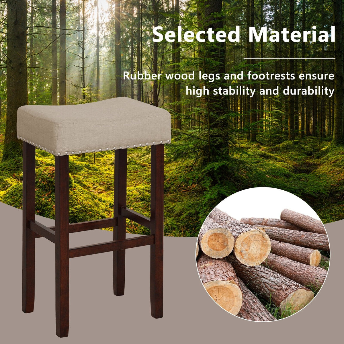 Set of 2 Backless Saddle Bar Stools in Beige Linen with Nailhead Trim, 29.5 Inch Seat Height