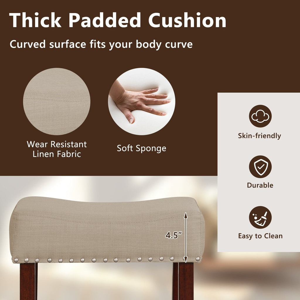 Set of 2 Backless Saddle Bar Stools in Beige Linen with Nailhead Trim, 29.5 Inch Seat Height