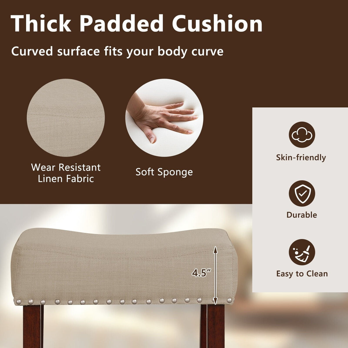 Set of 2 Backless Saddle Bar Stools in Beige Linen with Nailhead Trim, 29.5 Inch Seat Height