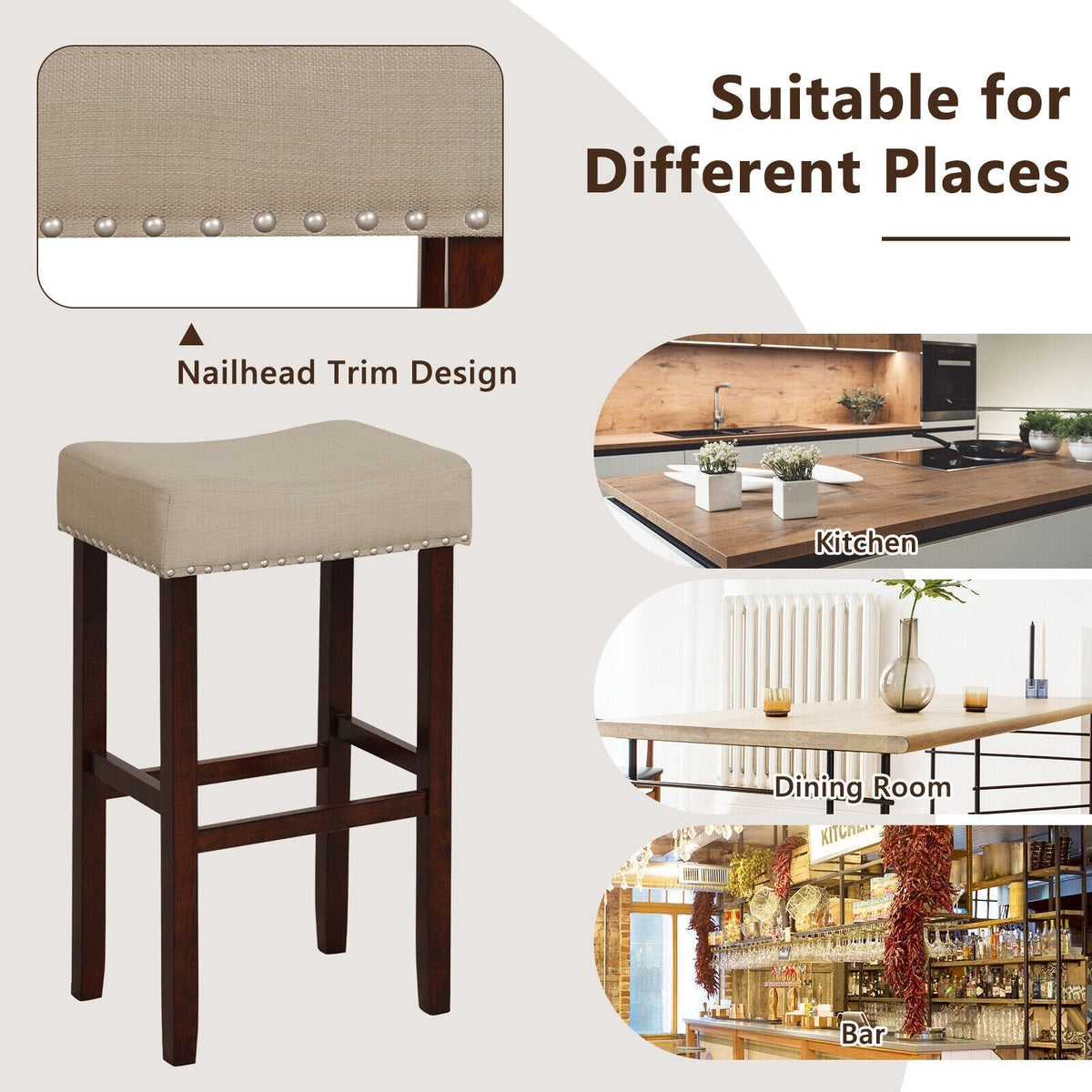 Set of 2 Backless Saddle Bar Stools in Beige Linen with Nailhead Trim, 29.5 Inch Seat Height