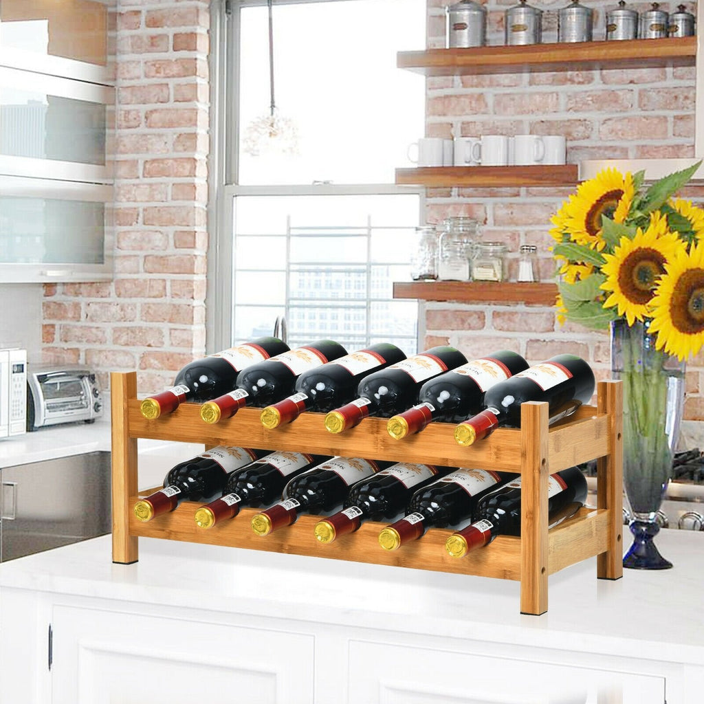 2-Tier 12 Bottles Bamboo Storage Shelf, Wine Rack-Natural