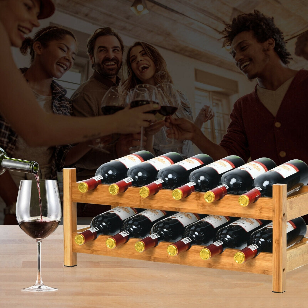 2-Tier 12 Bottles Bamboo Storage Shelf, Wine Rack-Natural