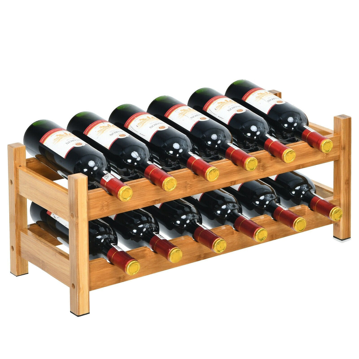 2-Tier 12 Bottles Bamboo Storage Shelf, Wine Rack-Natural