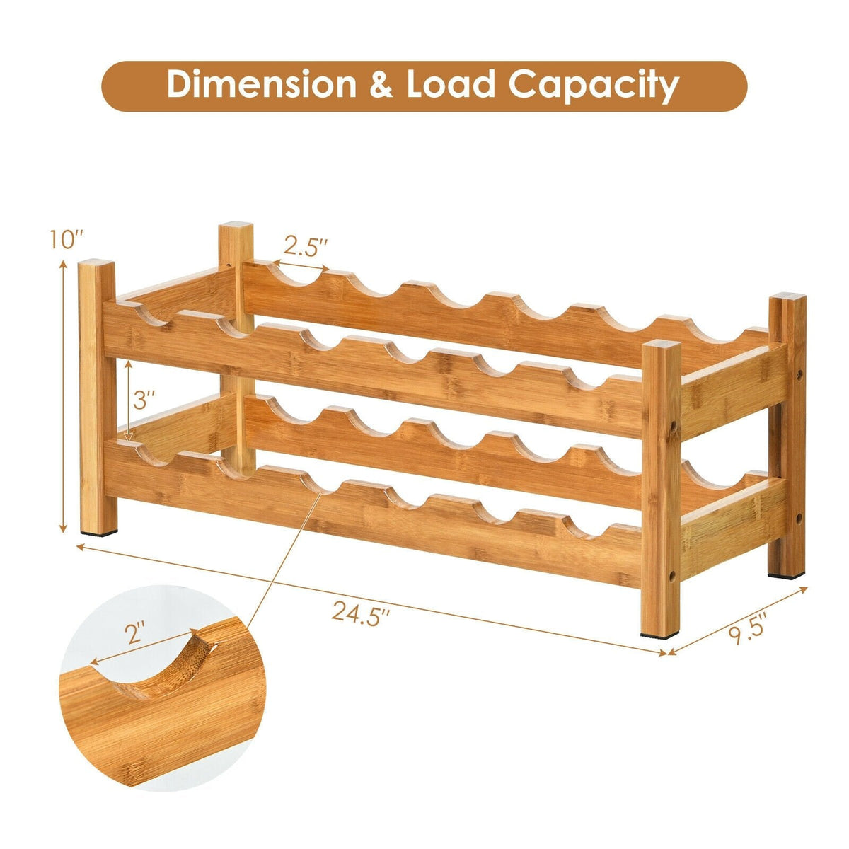 2-Tier 12 Bottles Bamboo Storage Shelf, Wine Rack-Natural