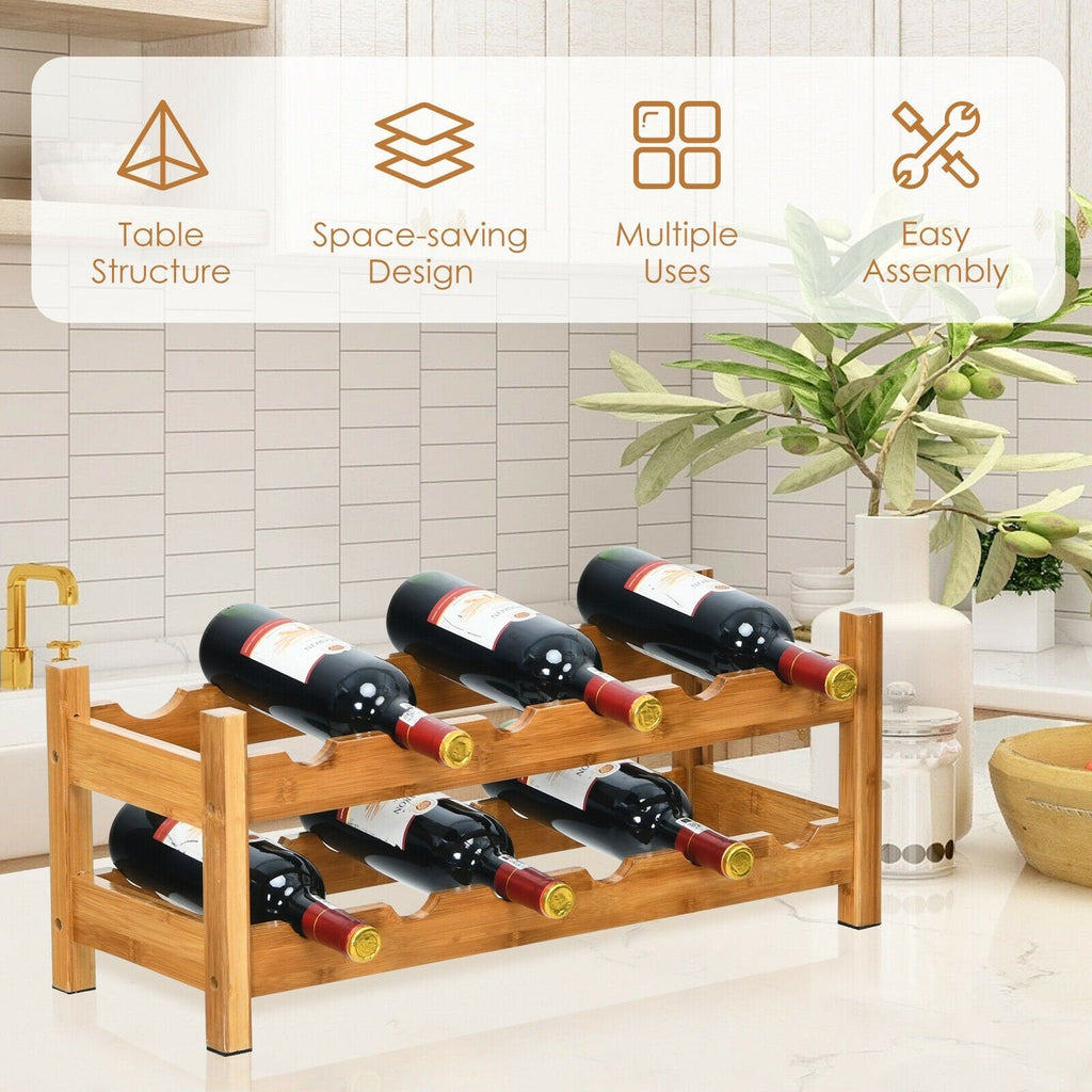 2-Tier 12 Bottles Bamboo Storage Shelf, Wine Rack-Natural